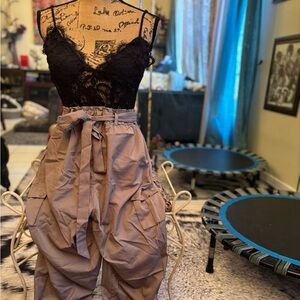 Justify Black Lace Bodice with Taupe Paperbag Cargo Pants